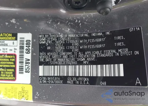 2014 Toyota Sienna Xle V6 8 Passenger из США, поврежденный, VIN 5TDYK3DC3ES507840